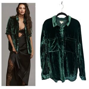 Anthropologie Pilcro The Hadley Relaxed Button down Shirt velvet emerald green
